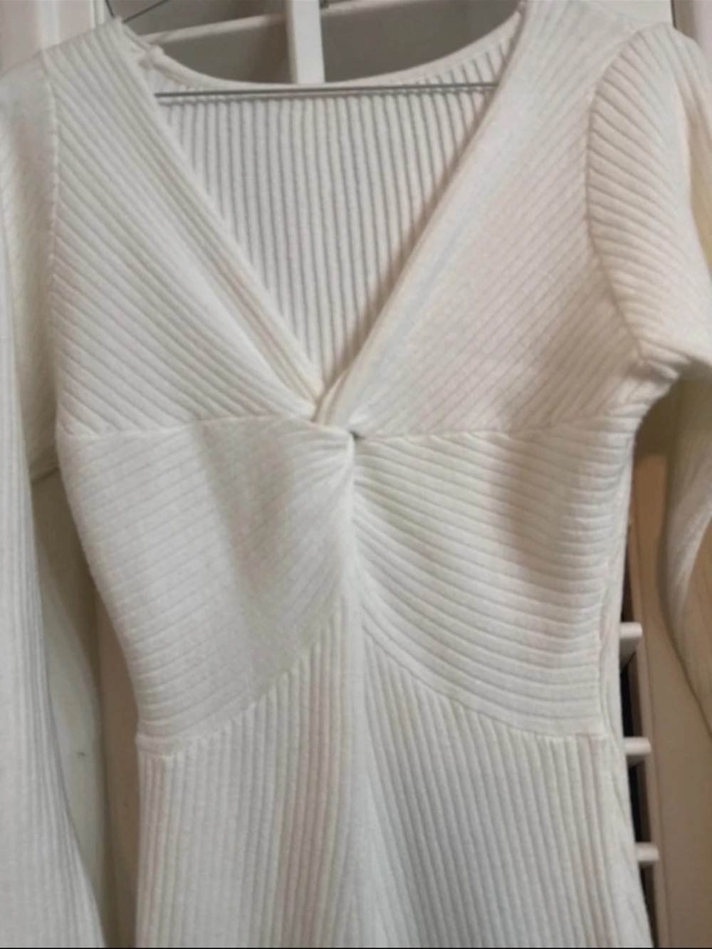 Cream Ribbed V-Neck Knit Dress